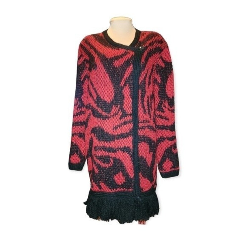 Chico's Black & Red Wool Blend Abstract Print Fringed Sweater/Coat Size 2 (L/12)